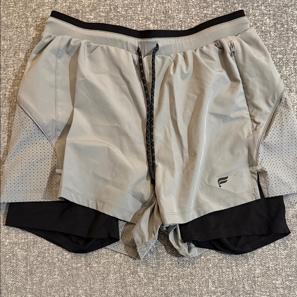 Fabletics Men's Dual-Layer Gray and Black Athletic Shorts 3 inch lined